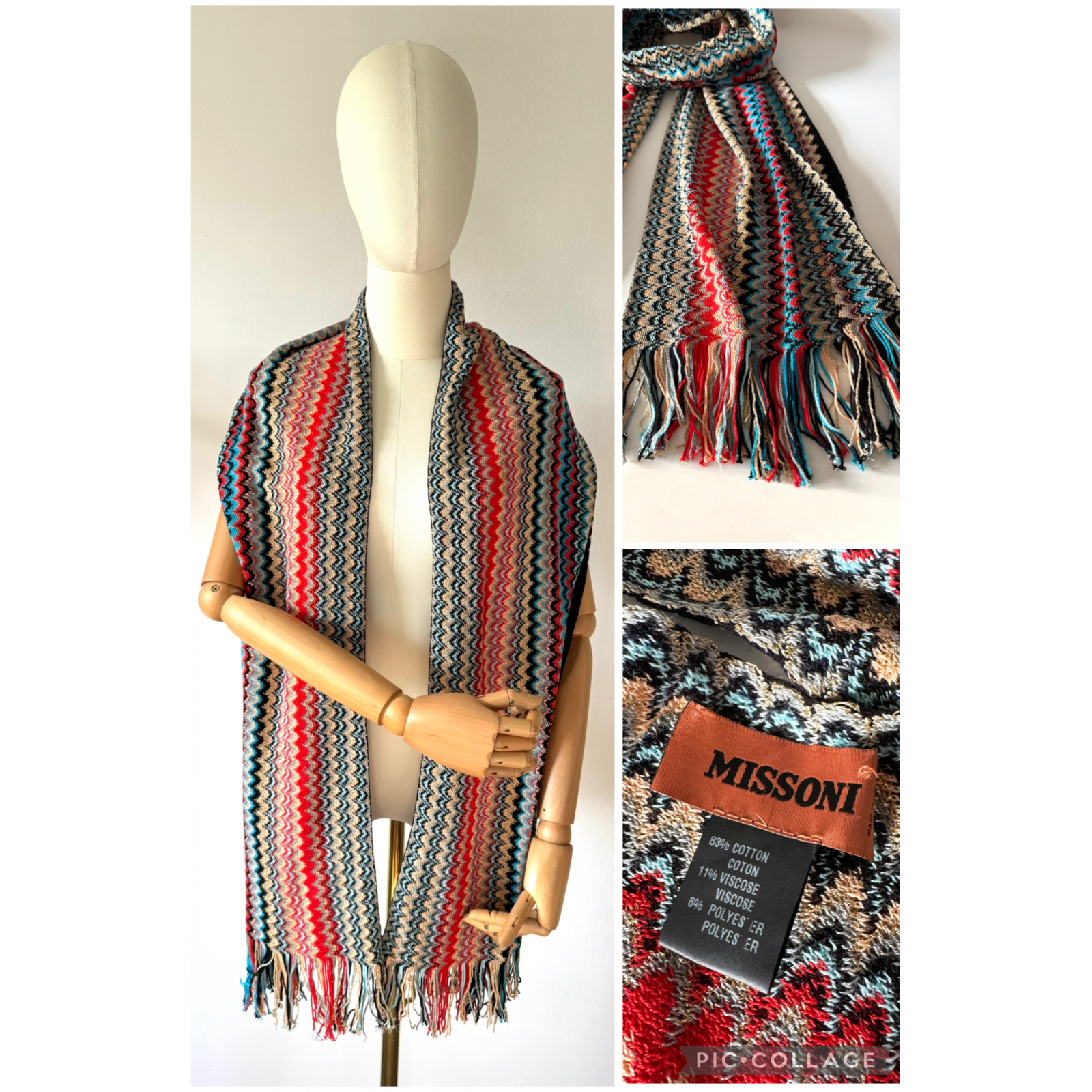 MISSONI Zigzag Cotton Multicolor Scarf with fringes - szal