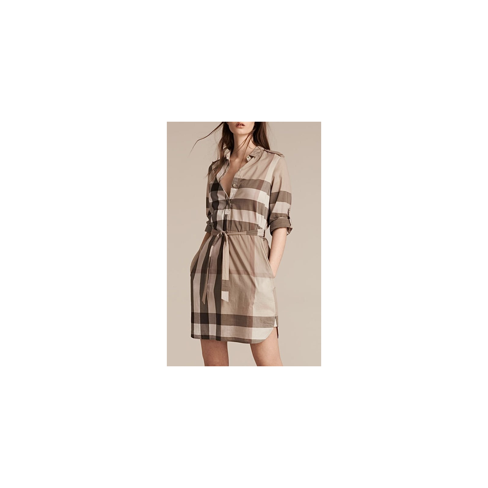 BURBERRY Women’s Kelsy Check Print Cotton Belted Shirt Dress in Pale Stone – sukienka