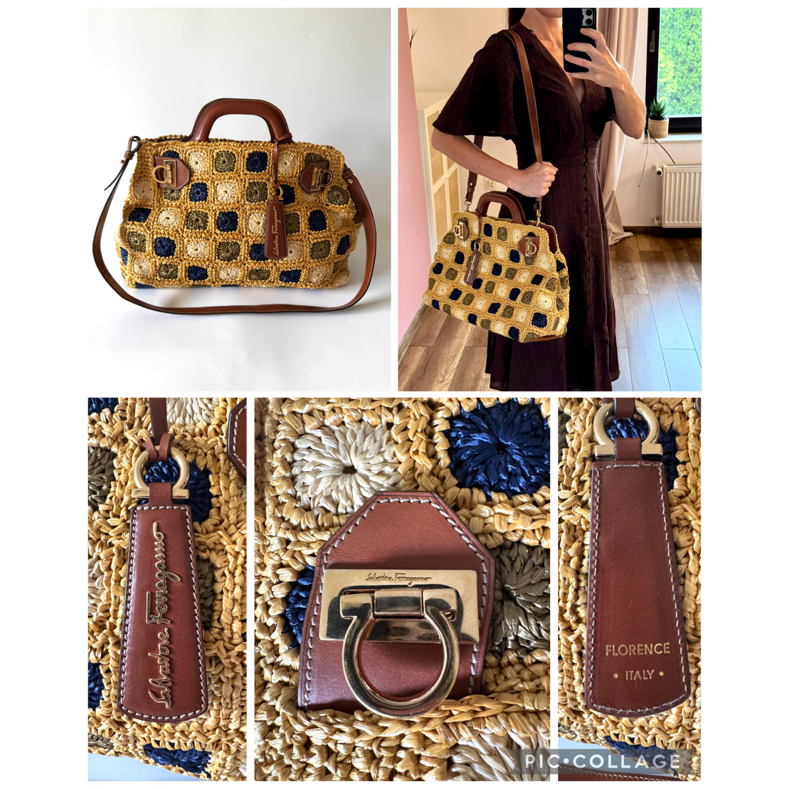 SALVATORE FERRAGAMO Gancini Handle Tote Raffia Wicker Bag - torebka