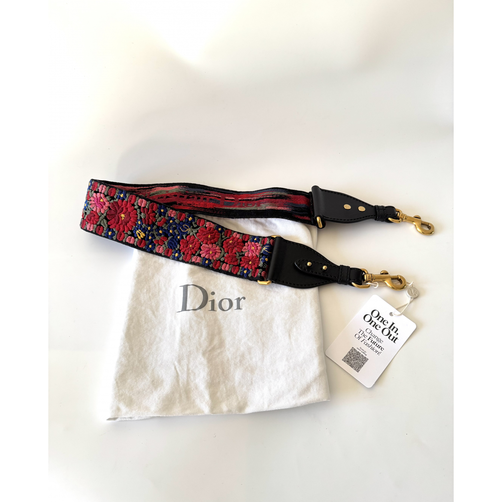 DIOR Canvas & Leather Embroidered Floral Shoulder Strap - pasek do torebki
