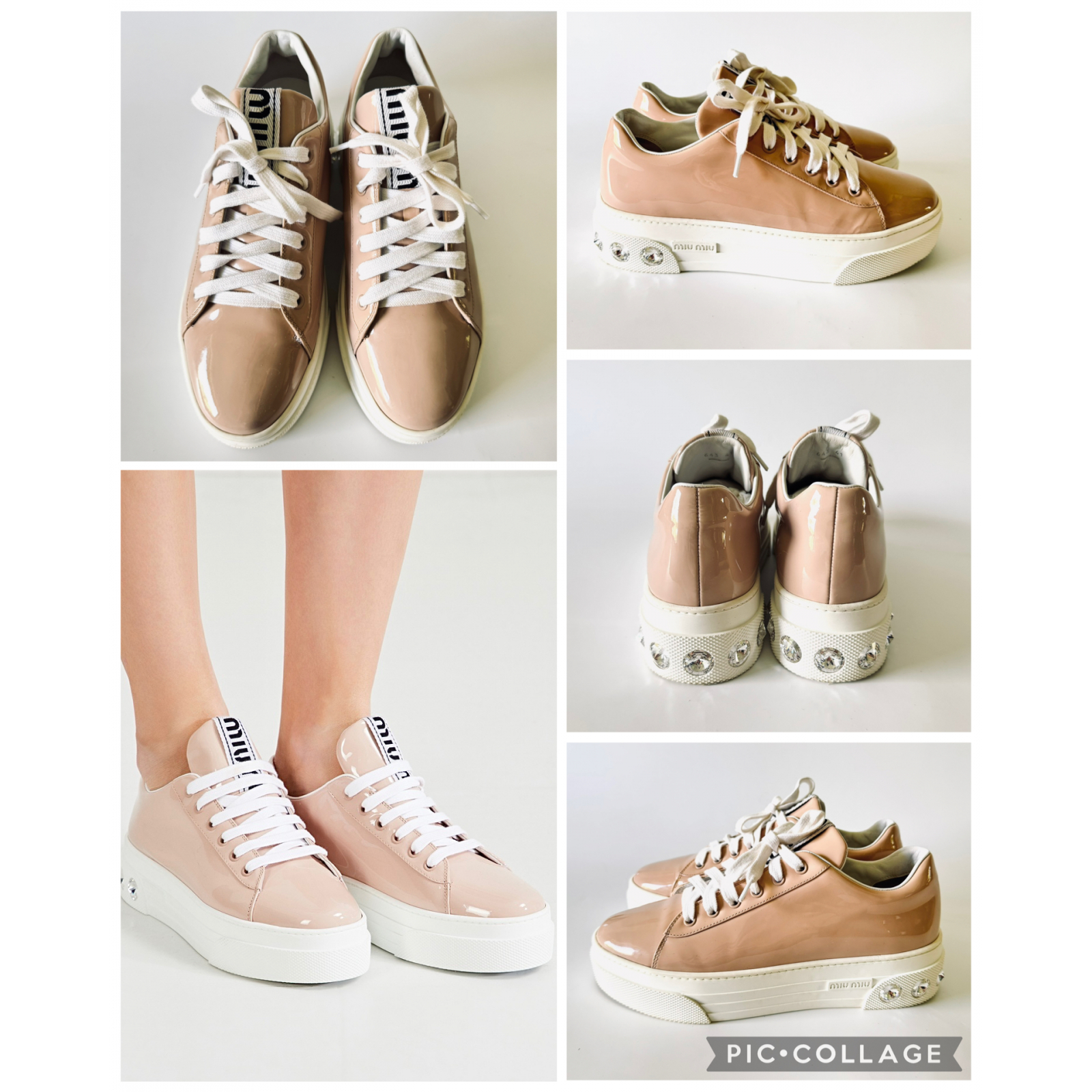 MIU MIU Crystal Embellished Patent Leather Sneakers - sneakersy