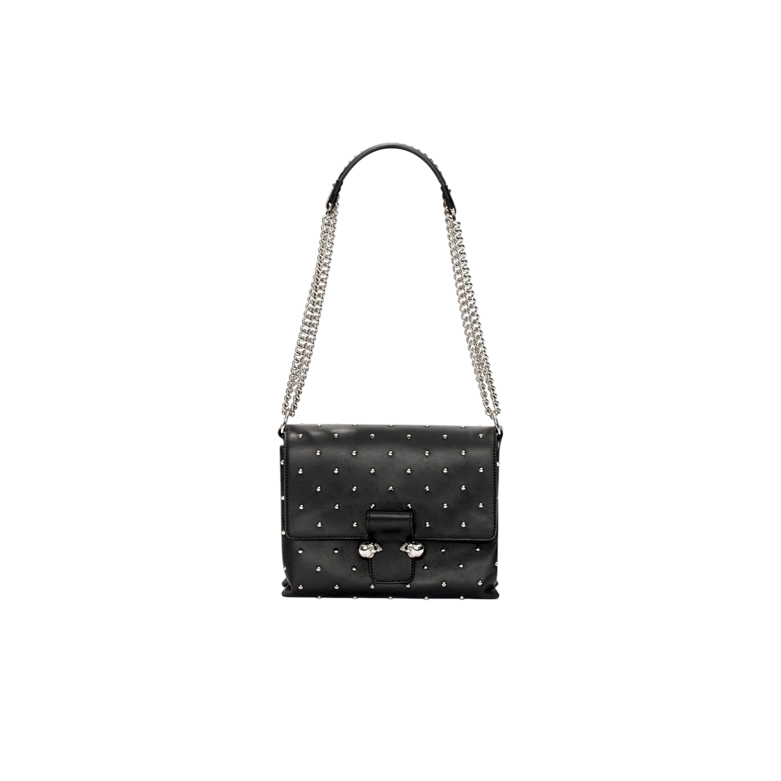 ALEXANDER MCQUEEN Black Leather Studded Twin Skull Flap Shoulder Bag - torebka