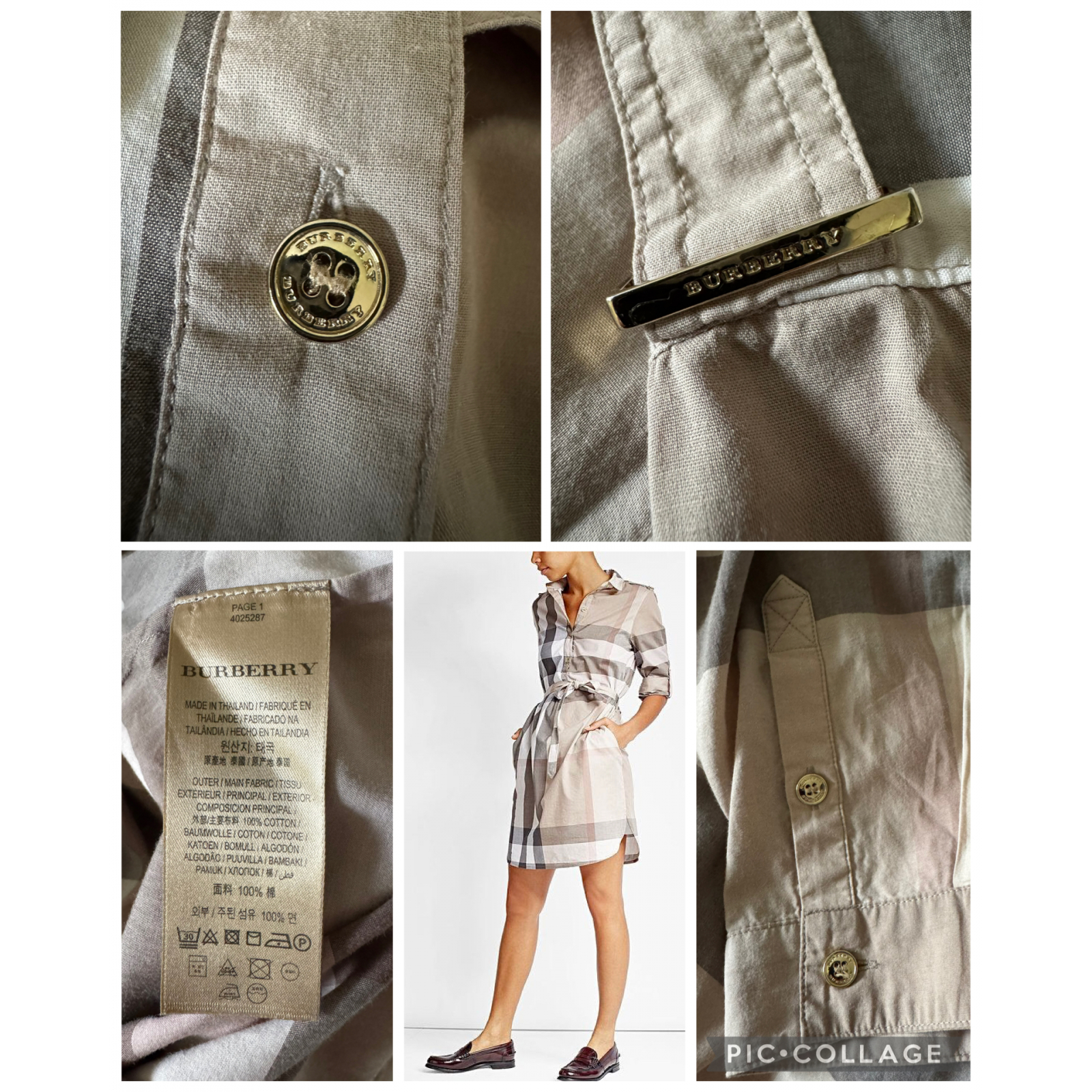 BURBERRY Women’s Kelsy Check Print Cotton Belted Shirt Dress in Pale Stone – sukienka