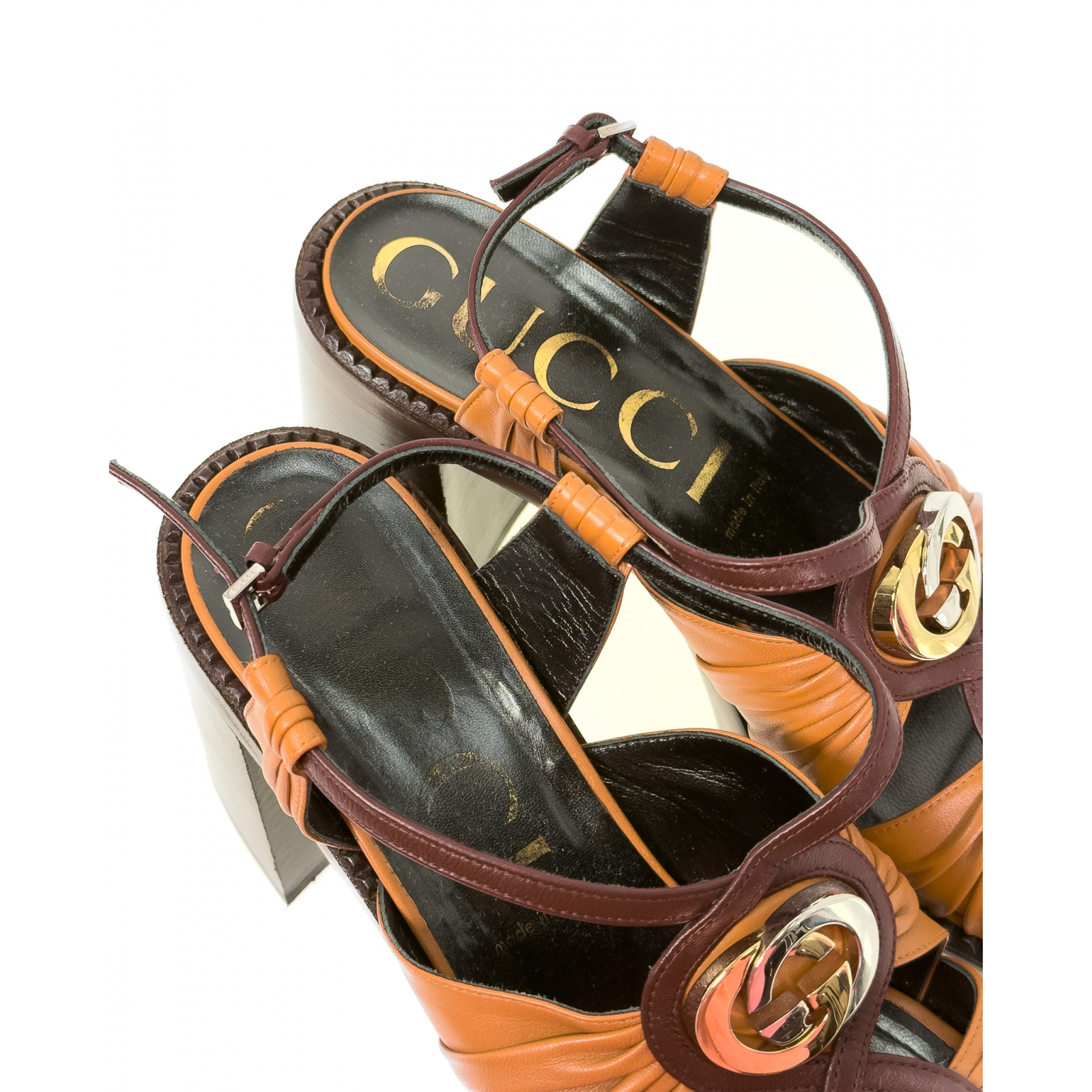 Skórzane sandały na drewnianym obcasie oraz platformie