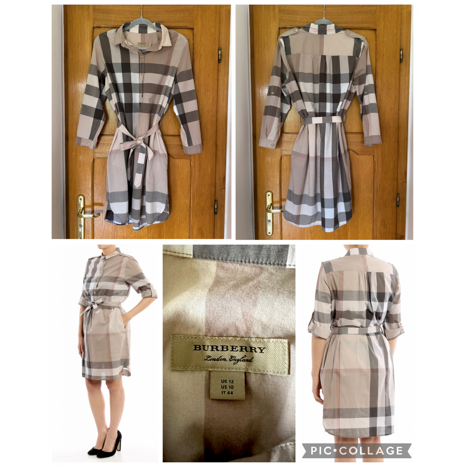 BURBERRY Women’s Kelsy Check Print Cotton Belted Shirt Dress in Pale Stone – sukienka